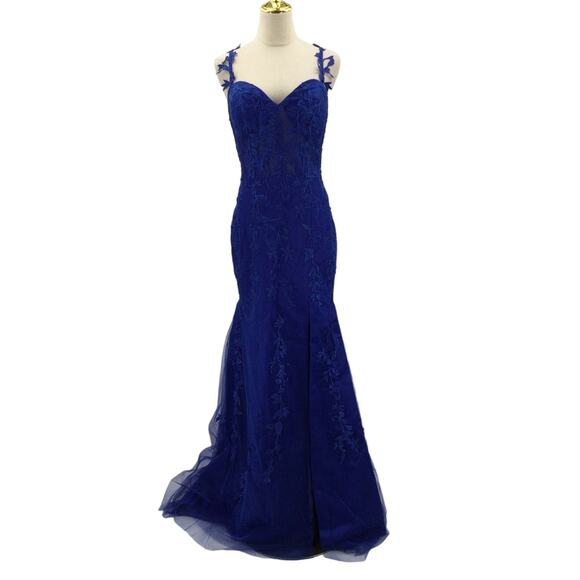 FORMAL PARTY SZ 12 L royal blue embroidered mermaid lace up maxi dress NEW  B111 - Picture 1 of 8